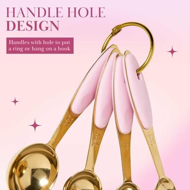 Paris Hilton Measuring Cups and Spoons Set, Stainless Steel with Pink Silicone Inset Handle, Dishwasher Safe, For Dry and Liquid Ingredients, 8-Piece Set, Gold and Pink - Image 7