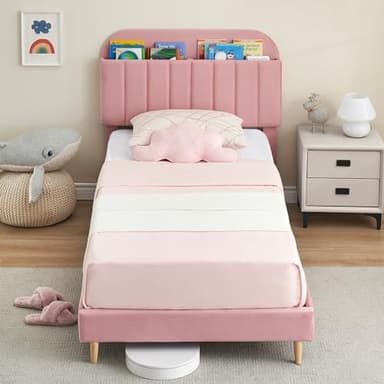 GarveeHome Twin Bed Frame with Storage Headboard, Velvet Upholstered Platform Bedframe for Kids, Girl Bed, Strong Wooden Slats, Noise-Free, Easy Assembly, No Box Spring Needed, Pink - Image 4