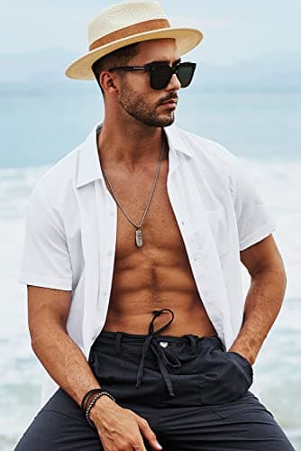 JMIERR Men's Summer Casual Stylish Short Sleeve Button-Up Shirts Cotton Linen Solid Color Business Dress Shirts Chambray Beach Shirt, L, White - Image 6