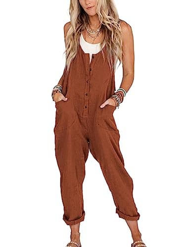 Yeokou Womens Overalls Linen Cotton Jumpsuits Loose Casual Jumpers with Pockets(Rust-M) - Image 1