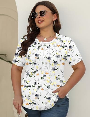 Kistore Women's Plus Size Loose Casual Summer Floral Clothes Short Sleeve Crew Neck Tunic Tops to Wear with Leggings 2XL - Image 2