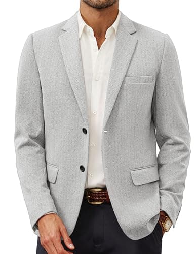Men's Herringbone Blazer Jacket Stretch 2 Button Casual Sport Coat for Work Travel Light Grey - Image 1