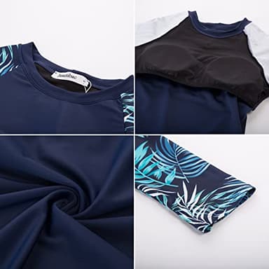 Swim Shirts for Women Long Sleeve Rashguard Floral Print Sun Protection Bathing Suit Set Navy Leaf XL - Image 5