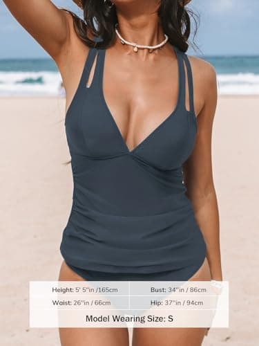 CUPSHE Women's Tankini Set Two Piece Swimsuit Mid Rise V Neck Crisscross Adjustable Straps Cutout Ruched, M Grey - Image 5
