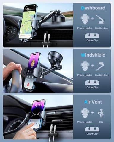 [True Military-Grade] Car Phone Holder【2024 Stronger Suction & Clip】 Universal Cell Phone Holder for Car Mount for Dashboard Windshield Air Vent Long Arm Cell Phone Car Mount Thick Case (Drak Black) - Image 8