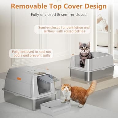 Stainless Steel Cat Litter Box with Lid, XL Extra Large Litter Box for Big Cats, Enclosed Removable Metal Litter Boxs with High Sided Enclosure & Scoop, Anti-Leakage, Non-Sticky, Easy Cleaning(Grey) - Image 3
