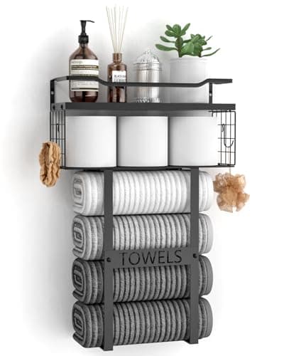 Wall Mounted Towel Rack for Bathroom - Bath Storage Holder Set Above Toilet, Rolled Towel Shelf Organizer, Wood Vertical Rack for Small Bathroom Decor, Black - Image 1