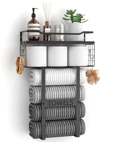Wall Mounted Towel Rack for Bathroom - Bath Storage Holder Set Above Toilet, Rolled Towel Shelf Organizer, Wood Vertical Rack for Small Bathroom Decor, Black - Image 1