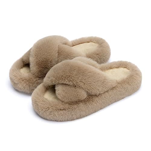 Chantomoo Women's Cross Slippers Memory Foam House Bedroom Slippers for Women Fuzzy Plush Comfy Faux Fur Lined Slide Shoes Anti-Skid Sole Trendy Gift Slippers Light Brownsize 9 10 8.5 - Image 1