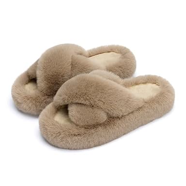 Chantomoo Women's Cross Slippers Memory Foam House Bedroom Slippers for Women Fuzzy Plush Comfy Faux Fur Lined Slide Shoes Anti-Skid Sole Trendy Gift Slippers Light Brownsize 9 10 8.5 - Image 1
