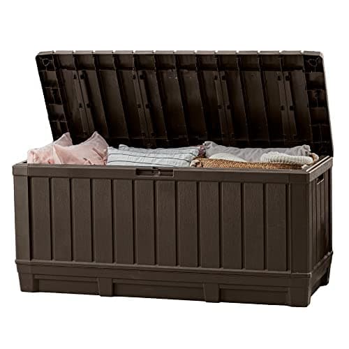 Keter Kentwood 92 Gallon Resin Deck Box-Organization and Storage for Patio Furniture Outdoor Cushions, Throw Pillows, Garden Tools and Pool Floats, Brown - Image 1