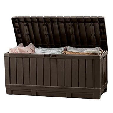 Keter Kentwood 92 Gallon Resin Deck Box-Organization and Storage for Patio Furniture Outdoor Cushions, Throw Pillows, Garden Tools and Pool Floats, Brown - Image 1