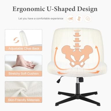 Sweetcrispy Criss Cross Chair Legged, Armless Office Wide Desk Chair No Wheels, Swivel Vanity Height Adjustable Fabric Modern Computer Task Seating for Home - Teddy Beige - Image 4