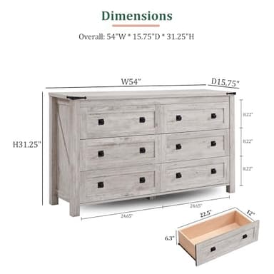 RedLemon Farmhouse 6 Drawer Dresser for Bedroom, 54 Inch Wide Rustic Wood Dresser TV Stand, Dresser Chest of Drawers for Closet, Living Room, Hallway, Antique Brush White - Image 2