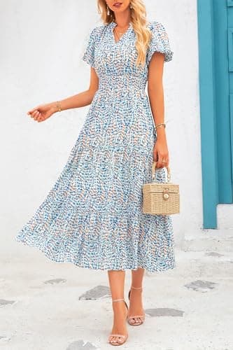 MASCOMODA Summer Maxi Dresses for Women 2025 Casual V Neck Puff Short Sleeve Smocked Flowy Beach Boho Long Floral Dress(Floral Blue White,Medium) - Image 3