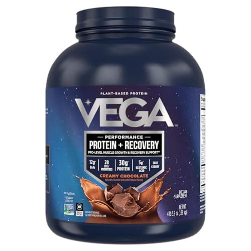 Vega Sport Vegan Protein Powder + Recovery - 30g Plant Based Protein per Serving, Chocolate, 45 Servings, 5g BCAAs, Probiotics, NSF Certified, For Shakes & Smoothies, 4.4lbs (Packaging May Vary) - Image 1