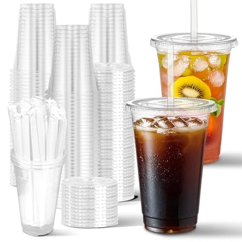 Charmount 100 Sets- 20 oz Clear Plastic Cups with Lids and Straws, Disposable To Go Cups for Cold Drinks, Coffee Bar Accessories, Iced Coffee, Smoothies - Image 1
