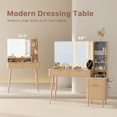 IKALIFE Fluted Makeup Vanity Desk with Mirror and Lights, 3 Color Modes & Adjustable Brightness Dressing Table, Small Vanity Table Set with 2 Drawers & Storage Shelves for Bedroom, Oak 31.5" - Image 2