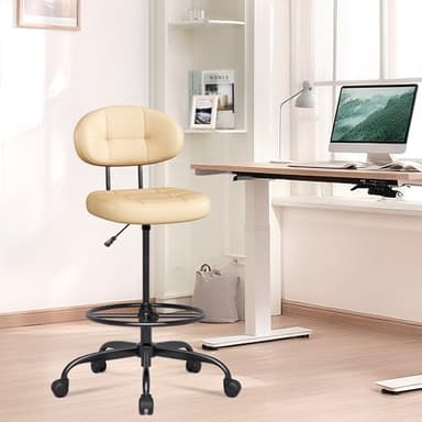 Misolant Drafting Chair Without Arms, Tall Office Chair with Footrest Ring for Standing Desk, Small Faux Leather Executive Office Chair with Adjustable Height for Bar Lab Counter Height Desk, Khaki - Image 2
