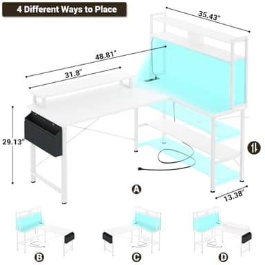 Aheaplus L Shaped Gaming Desk with Power Outlets & LED Lights, Small L- Shaped Desk Computer Corner Desk with Monitor Stand & Storage Shelf, Home Office Desk Writing Desk with Storage Bag, White - Image 2