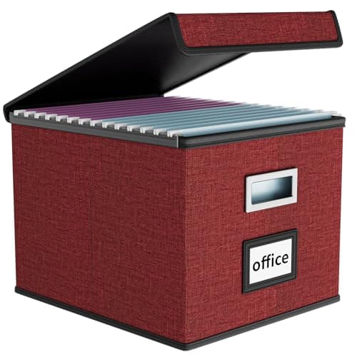 Huolewa Upgraded File Storage Organizer Box with lid, Decorative Small File Oragnizer Box for Hanging File, Linen Filing Box Cabinet with Plastic Slides for Office/Decor/Home Organization - Image 1