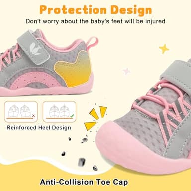 FEETCITY Wide Baby Walking Shoes Flexible Barefoot Baby Sneakers Breathable Non-Slip Infant Sock Shoes Lightweight Grey Pink - Image 2
