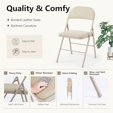 DUMOS 6 Pack Leather Padded Folding Chair, Indoor Outdoor Portable Stackable Commercial Seat with Steel Frame, Capacity for Home, Office, Party, Comfy, Kahki - Image 4