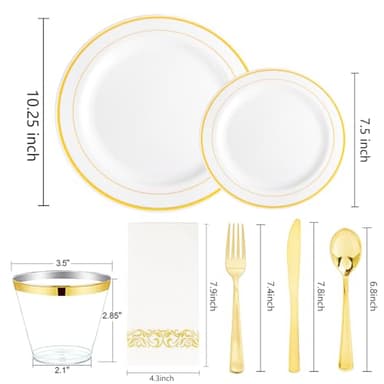 bUCLA 350PCS Gold Plastic Dinnerware Set - Gold Disposable Dinnerware for 50 Guests, Includes 50 Dinner Plates, 50 Dessert Plates, 50 Forks, 50 Knives, 50 Spoons, 50 Cups & 50 Napkins for Party - Image 2