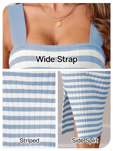 MEROKEETY Women's 2025 Summer Bodycon Midi Dress Vacation Sleeveless Ribbed Knit Striped Sweater Dresses, Blue, XS - Image 5