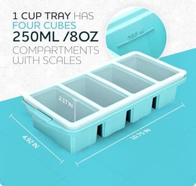 XOMOO Silicone Freezer Tray With Lid - Soup Freezer Container molds - Large Ice Cube Tray- makes 8 perfect 1 cup portions cubes, 2-Pack Freezer Storage Food Soups & Meal Prep - Oven & Dishwasher -Safe - Image 7