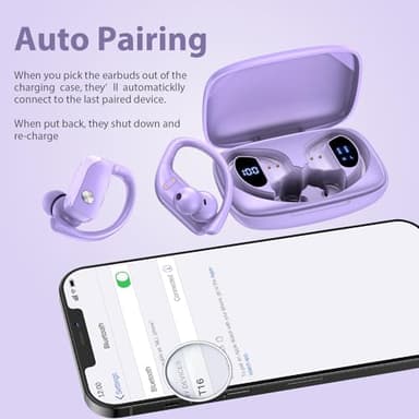 bmanl Wireless Earbuds Bluetooth Headphones 48hrs Play Back Sport Earphones with LED Display Over-Ear Buds with Earhooks Built-in Mic Headset for Workout Purple - Image 5