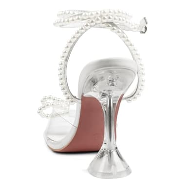 Zzheels Double Bowknots Crystal Sandals Clear Pearl Heels Square Toe Shoes for Party Wedding Dating Pearl US7.5 - Image 3