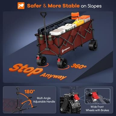 48" L Collapsible Wagon Cart Foldable, 560lbs Weight Capacity 300L Heavy Duty Folding Beach Wagons with Big All-Terrain Wheels, Utility Carts for Groceries, Shopping, Camping, Sports - Red - Image 8