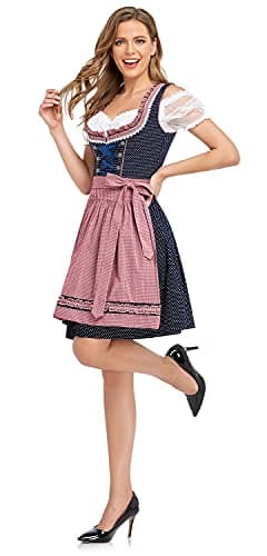 HiZiTi Oktoberfest Costumes Women Dirndl Dresses 3 Pcs German Oktoberfest Dresses Bavarian Costume Beer Carnival Outfits with Blue Dirndl Dress White Blouse Pink Detachable Apron M - Image 4