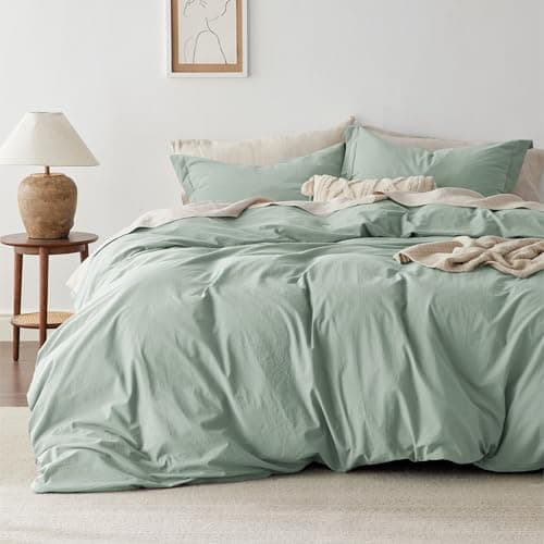 Bedsure 100% Washed Cotton Duvet Cover King Size - Sage Green Minimalist Cotton Duvet Cover Linen Like for All Seasons - GentleSoft™ Plain Simple Bedding (Sage Green, King, 104"x90") - Image 1