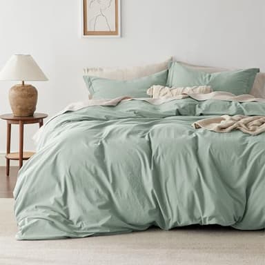 Bedsure 100% Washed Cotton Duvet Cover King Size - Sage Green Minimalist Cotton Duvet Cover Linen Like for All Seasons - GentleSoft™ Plain Simple Bedding (Sage Green, King, 104"x90") - Image 1