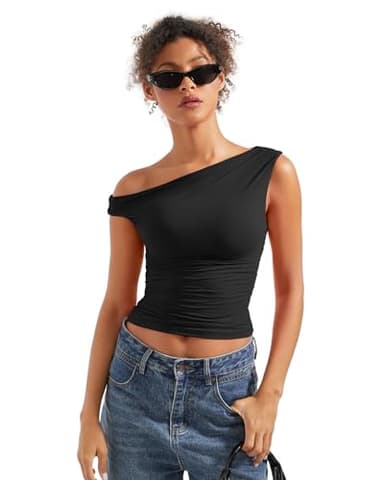SUUKSESS Women Off Shoulder Tops Sleeveless Shirts Y2K Trendy Going Out Crop Tank Top (Black,XS) - Image 5