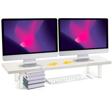 Across-Star Dual-Monitor-Stand-Riser-For-Desk Adjustable Length 32-40 Inch，Large Desktop Computer Monitor Riser For 2 Screens，Desk Shelf Organizer Riser Stand For Computer/Laptop/PC/Printer/TV White - Image 1