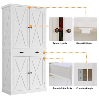 IRONCK Kitchen Pantry Storage Cabinet 72.6" H, with Barn Doors, Drawer, 4 Adjustable Shelves, Freestanding Cupboard, Laundry, White - Image 6