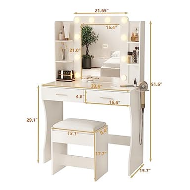 Vabches Vanity Desk with Lights,Makeup Vanity with Power Strip,Dressing Table Set with 2 Large Drawers,Vanity Mirror 3 Lighting Color Adjustable,White - Image 5