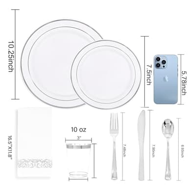 WDF Partyware 350 Pcs Silver Plastic Plates - Silver Dinnerware Set of 50 Dinner Plates 50 Dessert Plates 50 Silverware 50 Napkins 50 Cups for Party&Wedding - Image 3