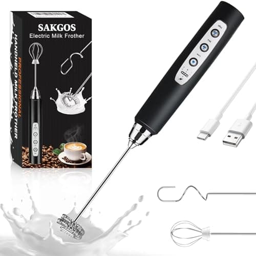 Sakgos Milk Frother Rechargeable Handheld-Electric Whisk 3 Speed Adjustable, Frother Wand Coffee with 3 Stainless Whisks, Electric Foam Maker, Drink Mixer Blender for Latte Cappuccino Matcha Egg - Image 1
