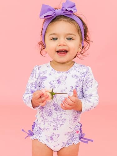 RuffleButts Baby Girls UPF 50+ Sun Protection Floral Printed Long Sleeve One Piece Rash Guard Swimsuit with Zipper - Wisteria Purple Butterfly Garden Toile, 3-6m - Image 3