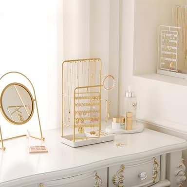 Lolalet Jewelry Stand Organizer, Room Dorm Decor Display Storage with Rotating Earring Holder Hanger and Removable Ring Tray for Necklace Bracelet Bangles Watches Studs -Gold - Image 7