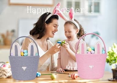 Easter Basket,Bunny Easter Baskets,Easter Buckets for Kids Girls Boys Easter Egg Hunting Basket,Bunny Rabbit Easter Tote Bags for Easter Decorations Candy Gifts Toy(Grey) - Image 6