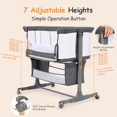 Ezebaby Bedside Bassinet for Baby, Portable Baby Bassinet Bedside Sleeper for Newborn Infants with Wheels Storage Basket, Adjustable 7 Heights and All Mesh Sides - Image 7