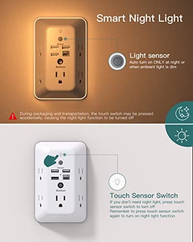 Surge Protector, Outlet Extender with Night Light, Addtam 5-Outlet Splitter and 4 USB Ports(1 USB C), Multi Plug Wall Outlet for Home Office Dorm Room Essentials - Image 3