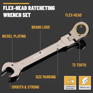 GRENPRO Wrench Set, Ratchet Wrenches Set, 25PC Flex-Head Ratcheting Wrench Set SAE&Metric and Standard 1/4" to 7/8"&8-19mm with Gauge Organizer, 72 Tooth Mechanic Tool Open End Combination Wrench Sets - Image 6
