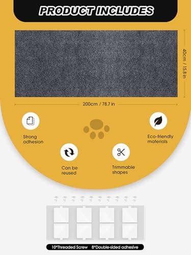 TLNNK 78.7"x15.8" Cat Scratch Mat, Trimmable Self-Adhesive Carpet, DIY Climb Cat Scratcher for Furniture Couch or Wall Protector, Covering Cat Scratching Post Replacement Pads (Dark Gray) - Image 7