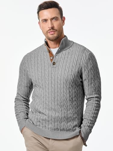 JMIERR Men's Cable Knit Slim Fit Casual Long Sleeve Essentials Soft Touch Button Stand Collar Wool Christmas Sweaters, M, Grey - Image 3